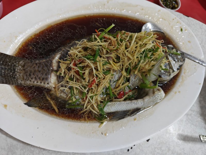 ปลานึ่งทั้งตัวในน้ำซีอิ๊ว โรยขิงซอยและพริกเส้น